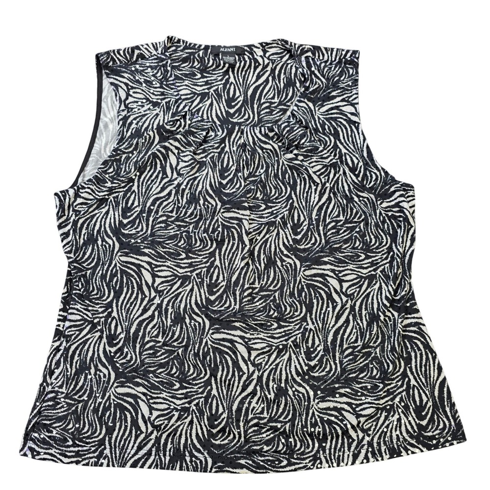 Alfani Zebra Print Sequin Sleeveless Blouse Women's Size L‎ Black Pleated Neck